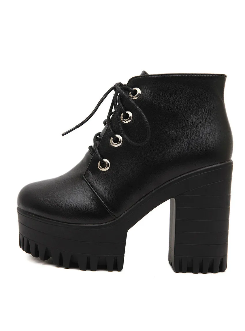 Black High Heels Boots Lacing Platform Ankle Boots