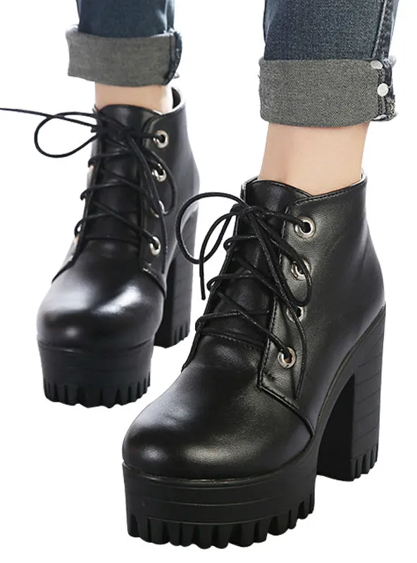 Black High Heels Boots Lacing Platform Ankle Boots