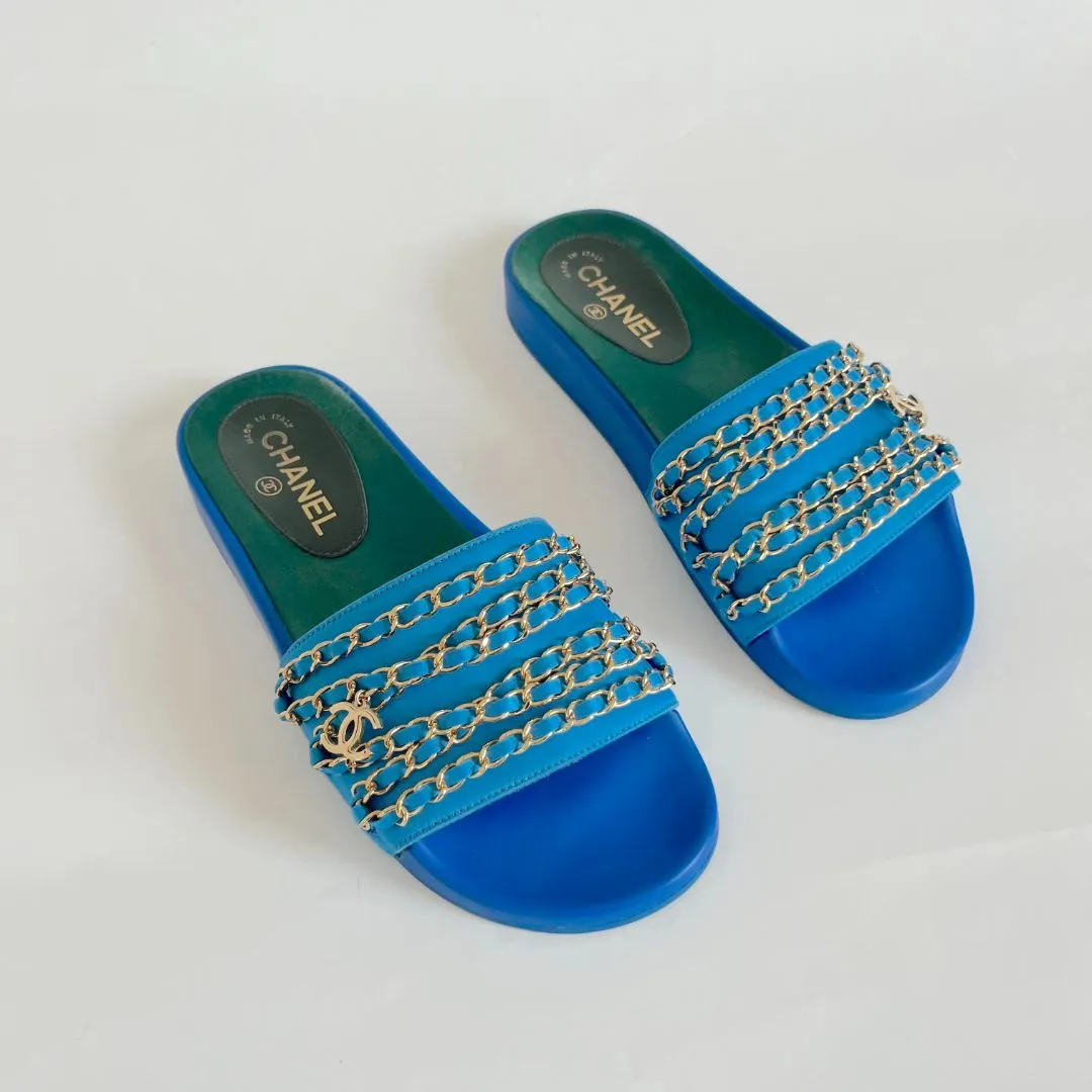 Chanel Blue Canvas Tropiconic Chain Slides Flats Size 39