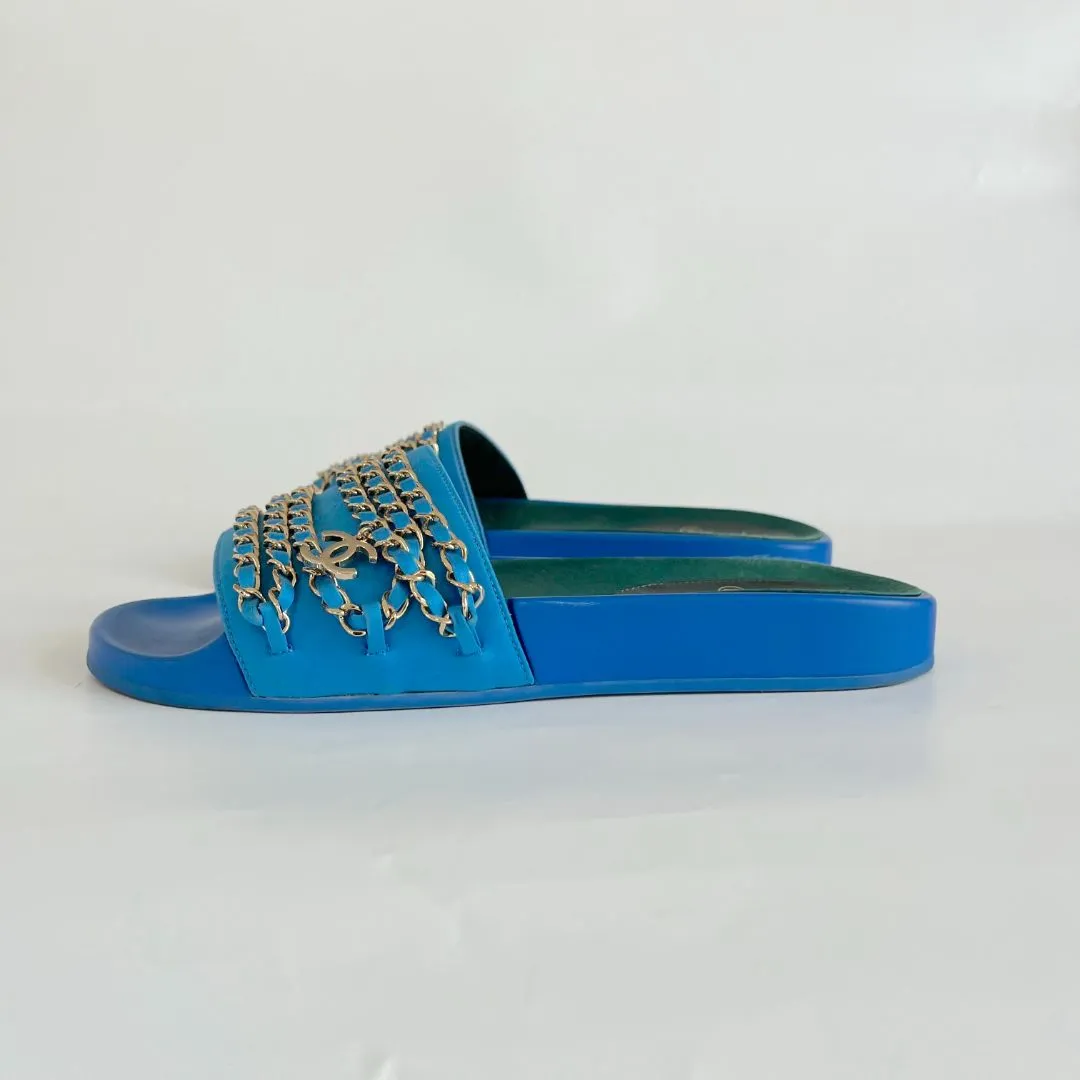 Chanel Blue Canvas Tropiconic Chain Slides Flats Size 39