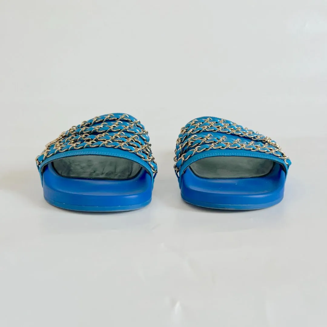 Chanel Blue Canvas Tropiconic Chain Slides Flats Size 39