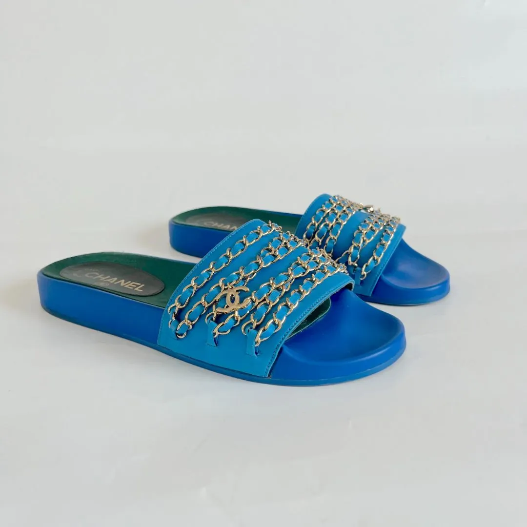 Chanel Blue Canvas Tropiconic Chain Slides Flats Size 39