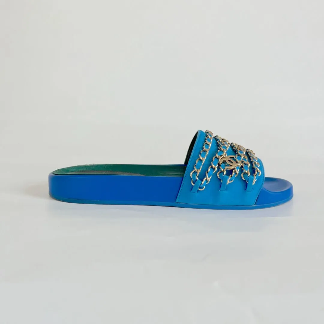 Chanel Blue Canvas Tropiconic Chain Slides Flats Size 39