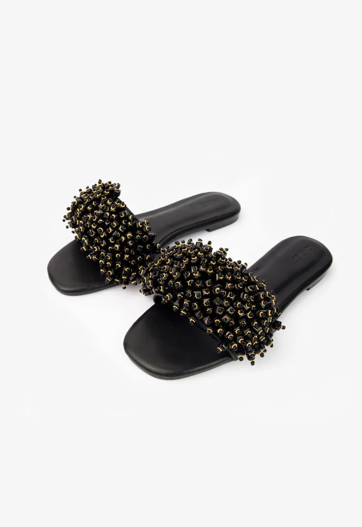 Choice Metallic Beaded Strap Flats Black