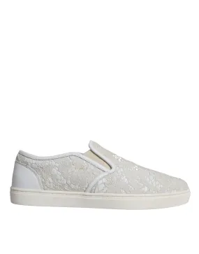 Dolce & Gabbana White Leather Lace Slip On Loafers Shoes