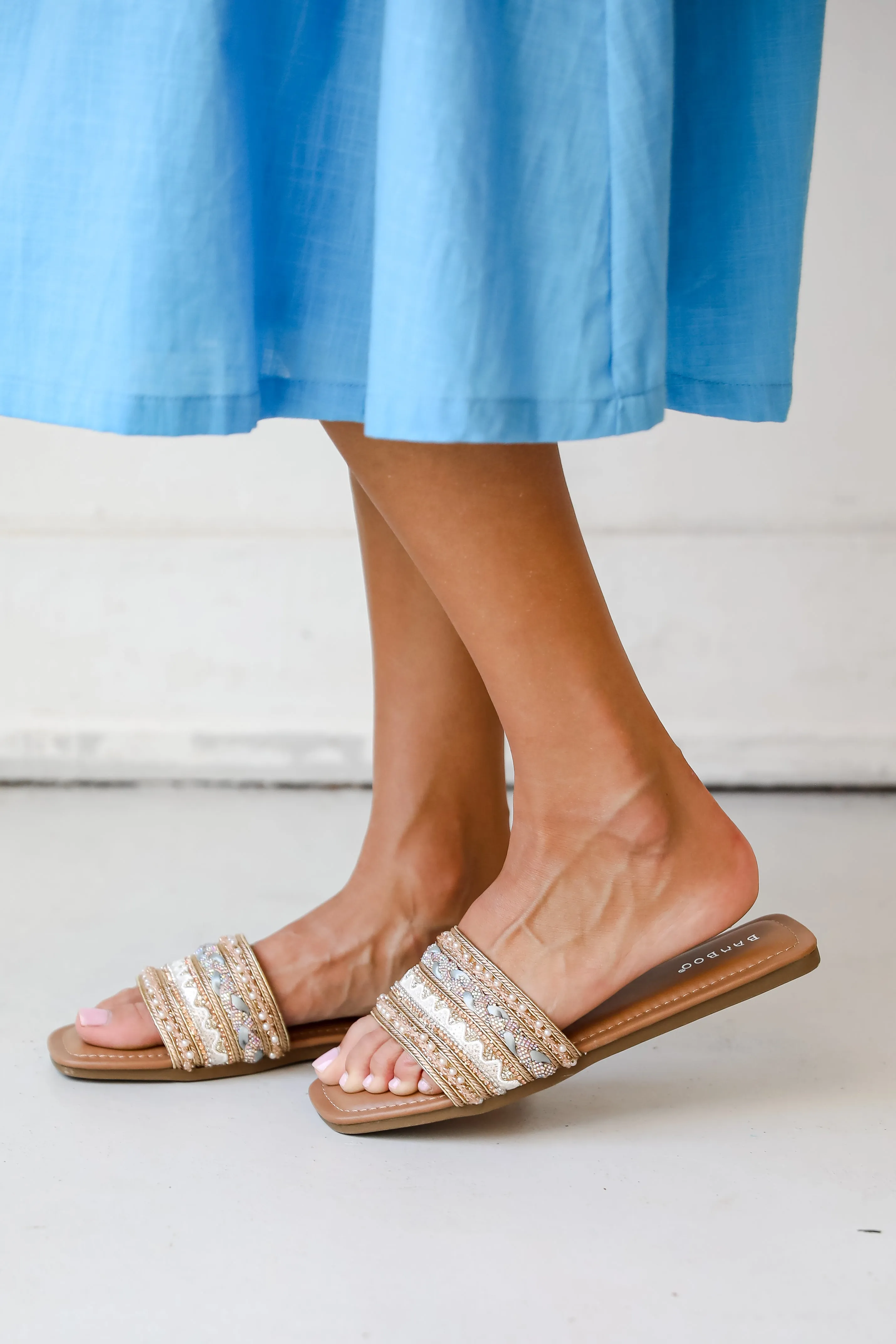 FINAL SALE - Better Together Gold Beaded Rhinestone Slide Sandals