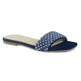 Flat Slides with Beaded Straps in Navy