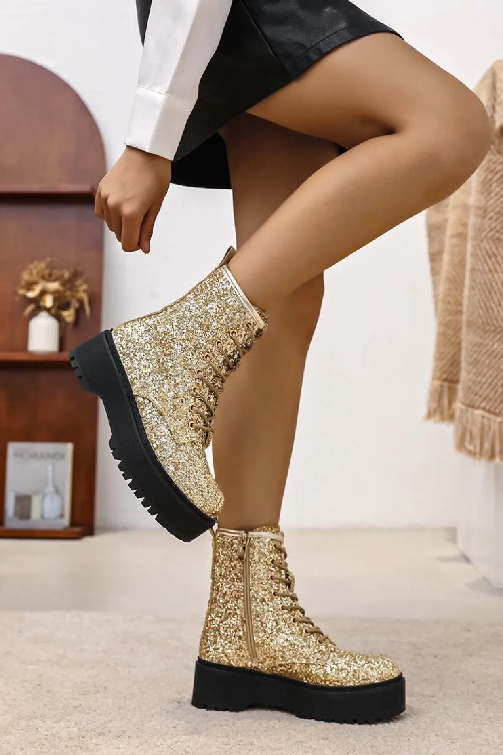 GOLD GLITTER LACE UP PLATFORM ANKLE BOOTS