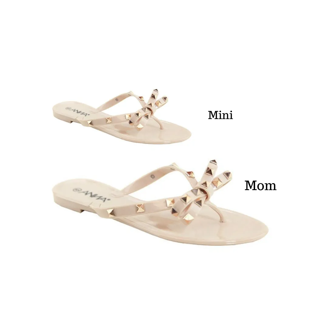 Gold Studded Mom and Me BowTie Jelly Sandals - Cream/Tan