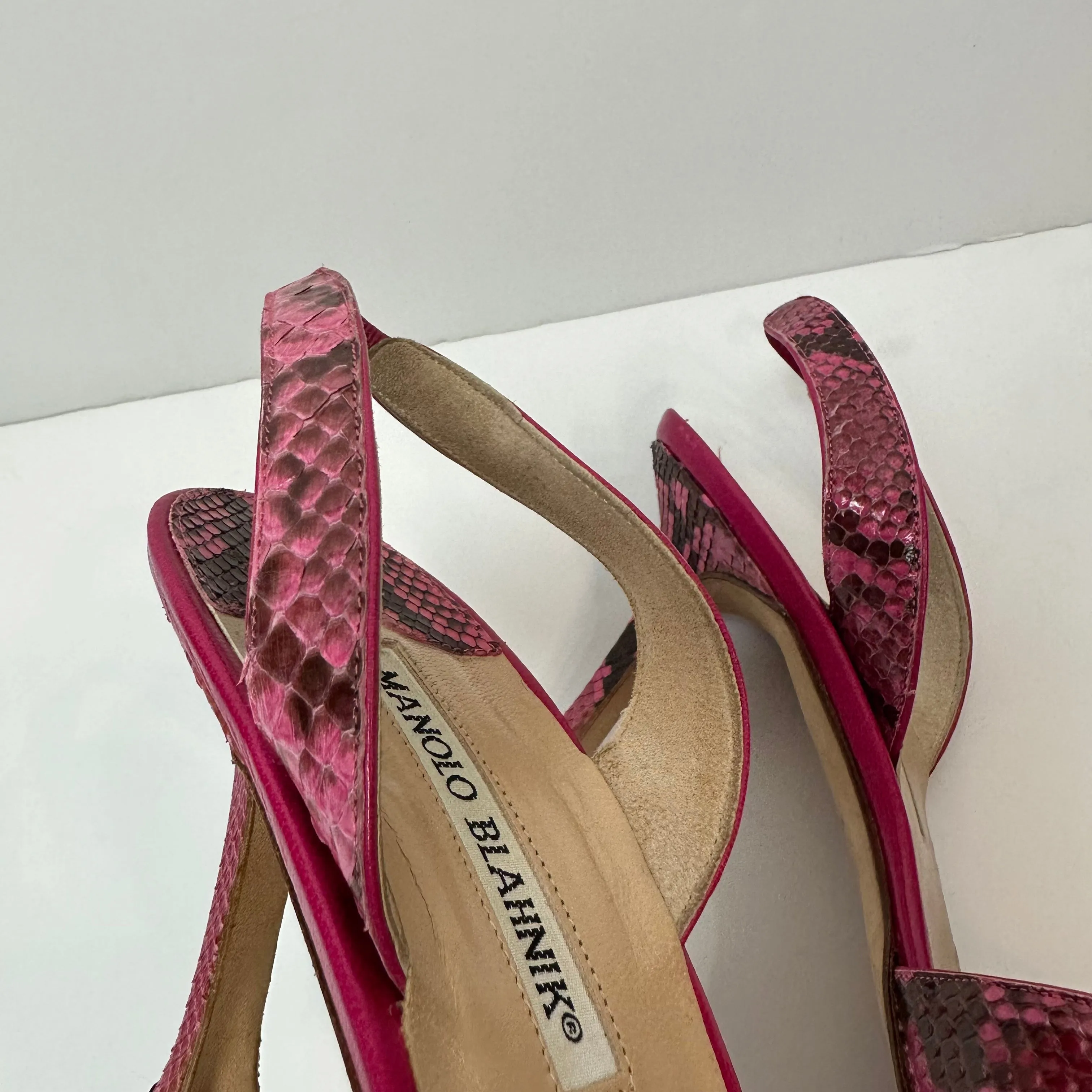 Manolo Blahnik Callasli Pink Slingback Sandal Heels Snakeskin Animal Print 39