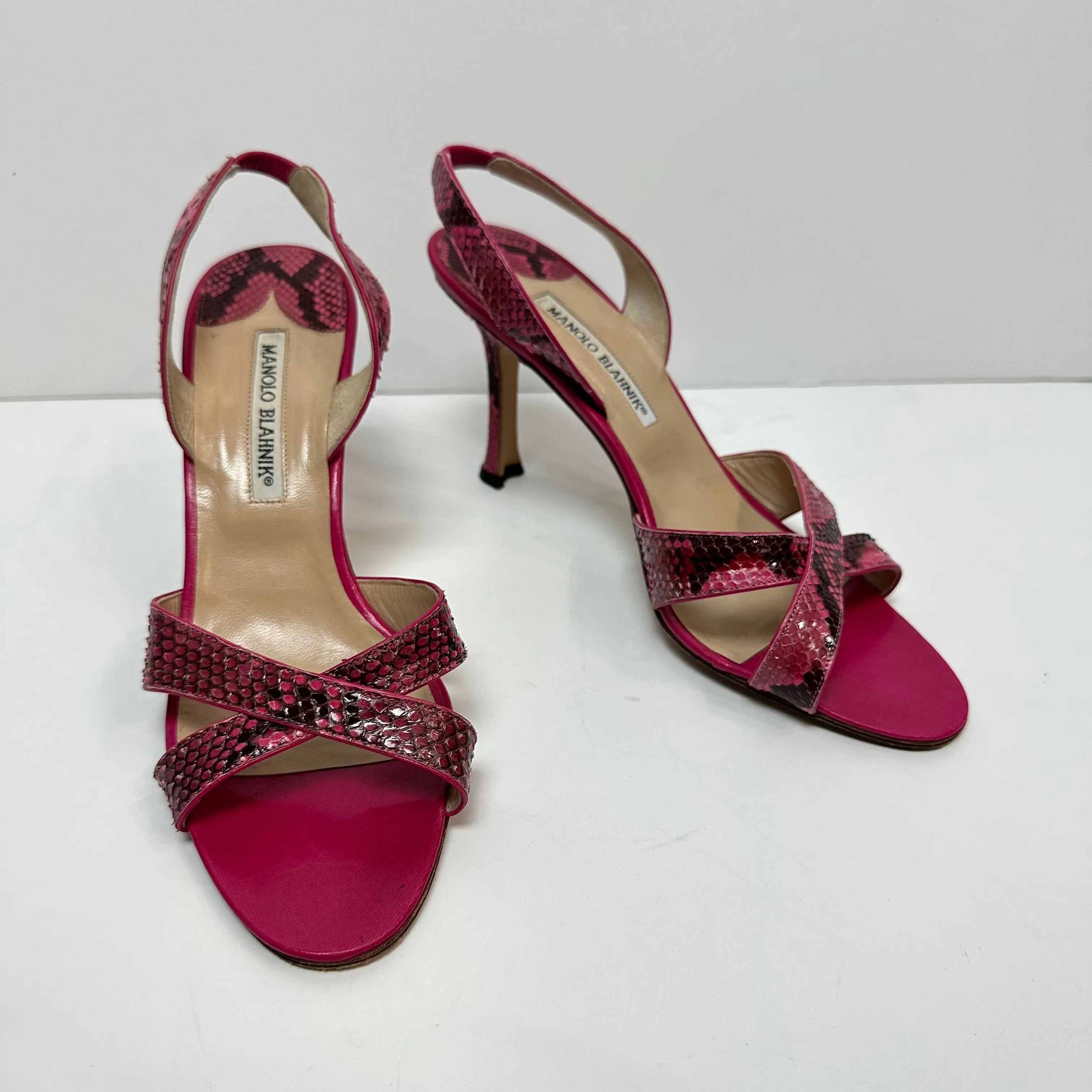 Manolo Blahnik Callasli Pink Slingback Sandal Heels Snakeskin Animal Print 39