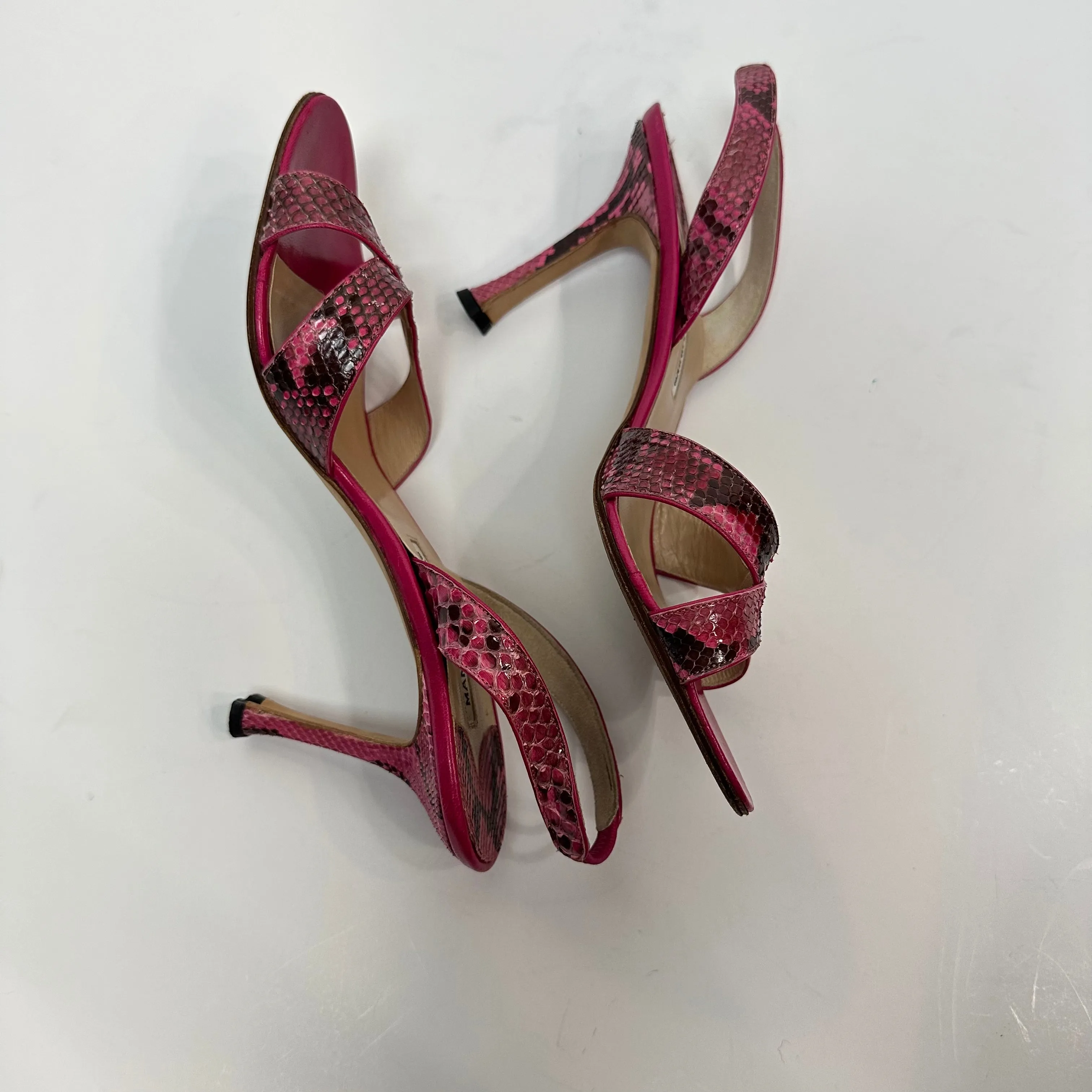 Manolo Blahnik Callasli Pink Slingback Sandal Heels Snakeskin Animal Print 39