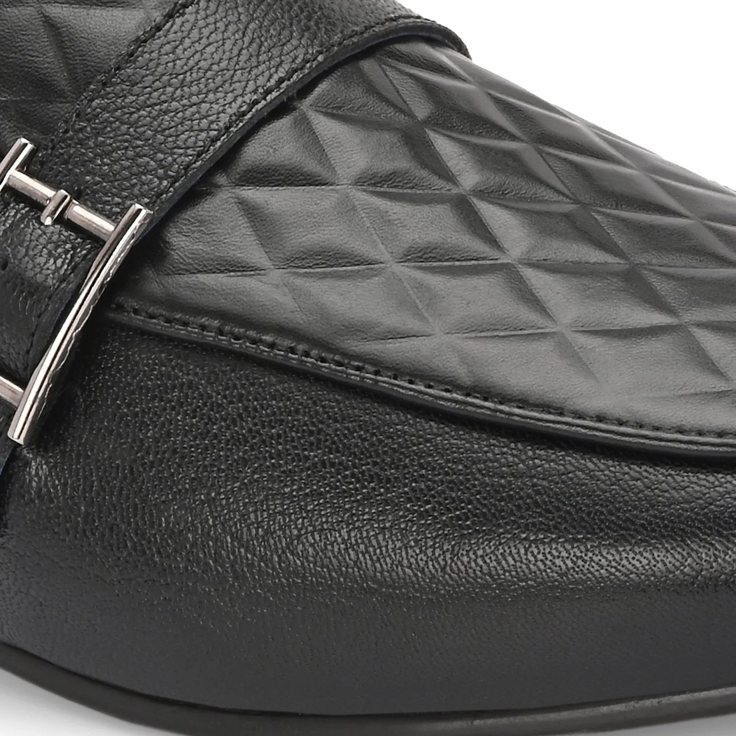 Men Premium Leather Quilted Pattern Penny Loafers with Tunit Sole (Speed-05-Black)