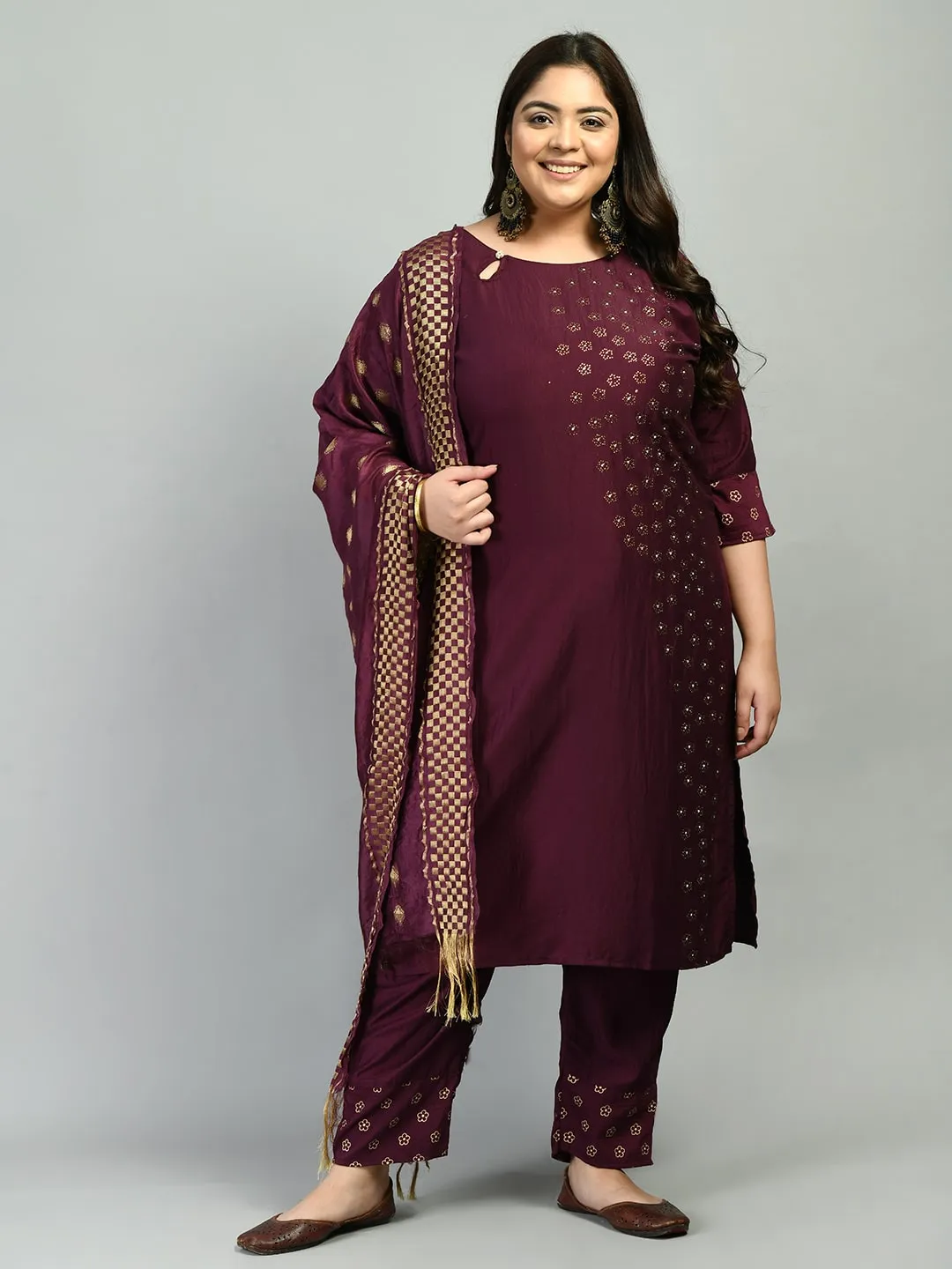 Plus Size Wine Beads & Stones Embellished Kurta Set