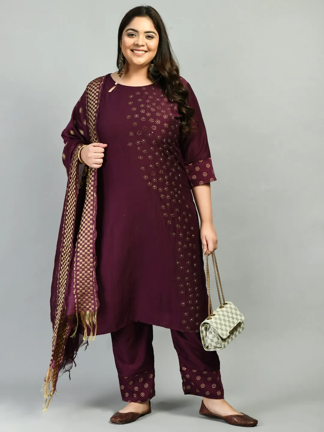 Plus Size Wine Beads & Stones Embellished Kurta Set