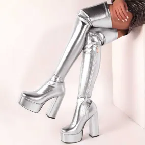 Shiny Faux Leather Double Platform Block Heel Thigh High Boots