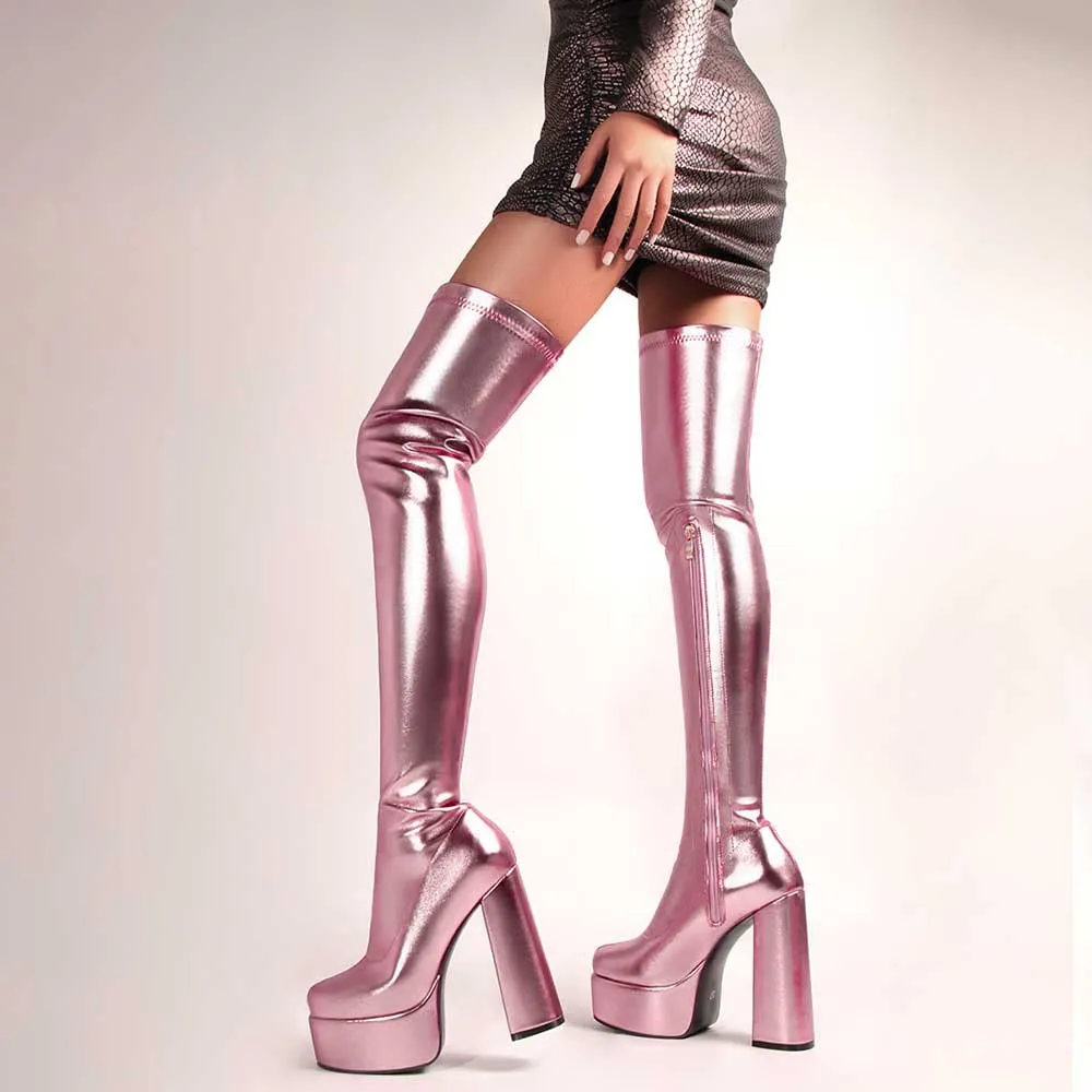 Shiny Faux Leather Double Platform Block Heel Thigh High Boots