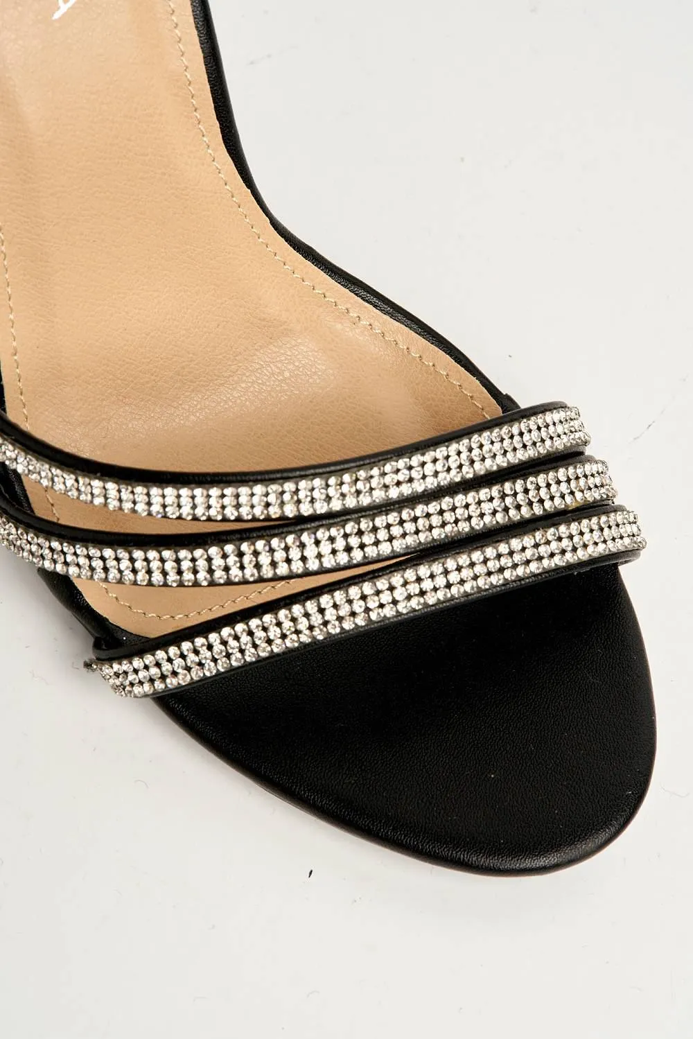 Theda Block Heel Diamante Embellished Ankle Strap Sandals in Black Matt