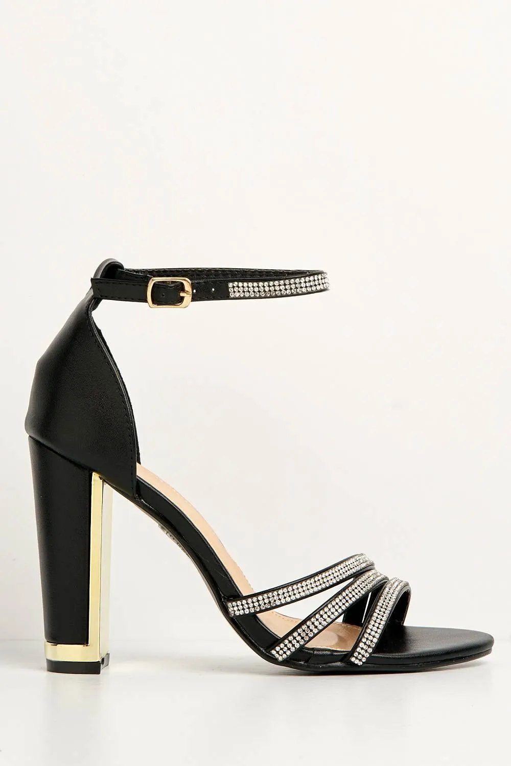 Theda Block Heel Diamante Embellished Ankle Strap Sandals in Black Matt