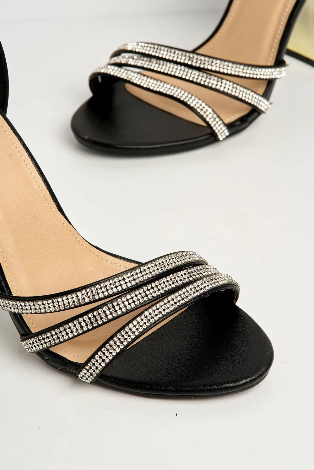 Theda Block Heel Diamante Embellished Ankle Strap Sandals in Black Matt