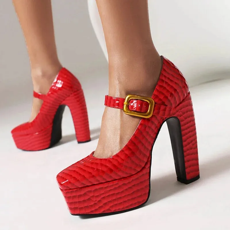 Trend4us Women's Chunky Embossed Buckled Platform Heels