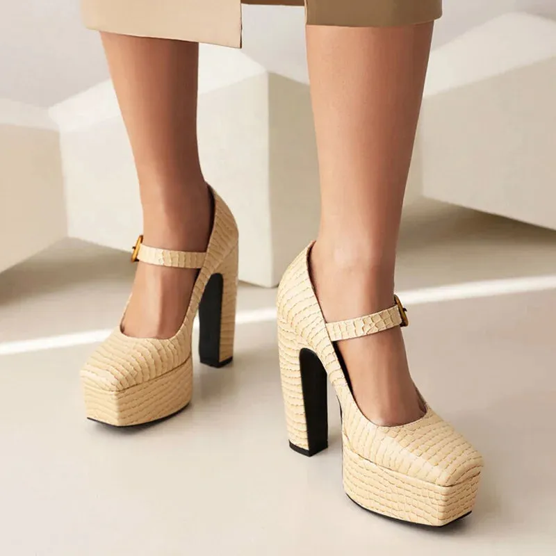 Trend4us Women's Chunky Embossed Buckled Platform Heels