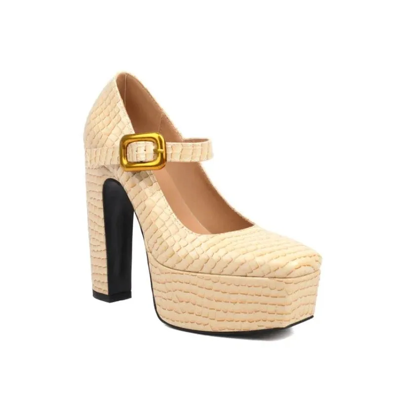 Trend4us Women's Chunky Embossed Buckled Platform Heels