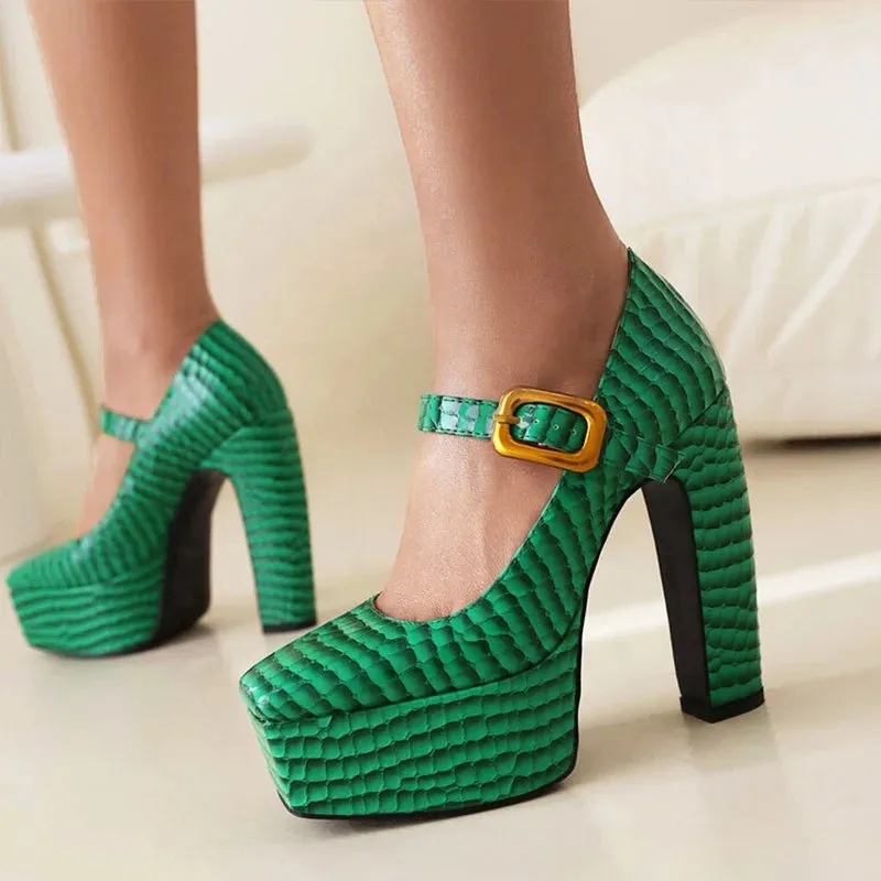 Trend4us Women's Chunky Embossed Buckled Platform Heels