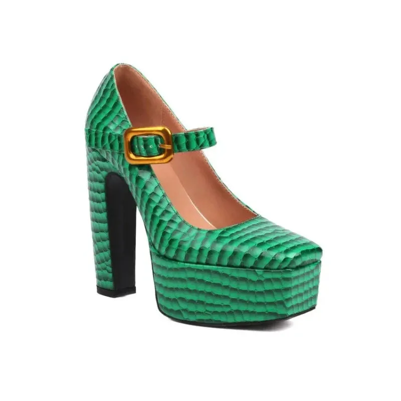 Trend4us Women's Chunky Embossed Buckled Platform Heels